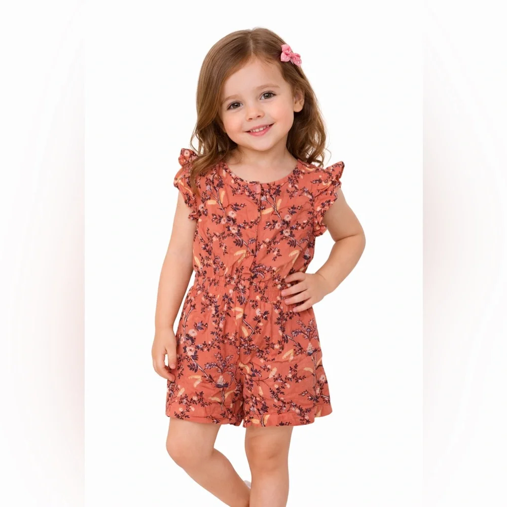Gap Toddler Girls Floral Flutter Sleeve Romper Orange 2T